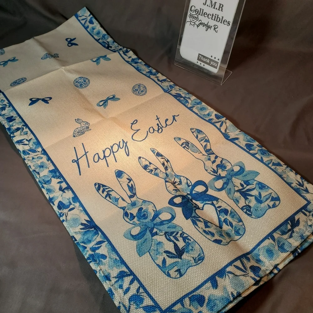Blue porcelain bunny, happy Easter table runner 13x60 inch - Picture 2 of 10